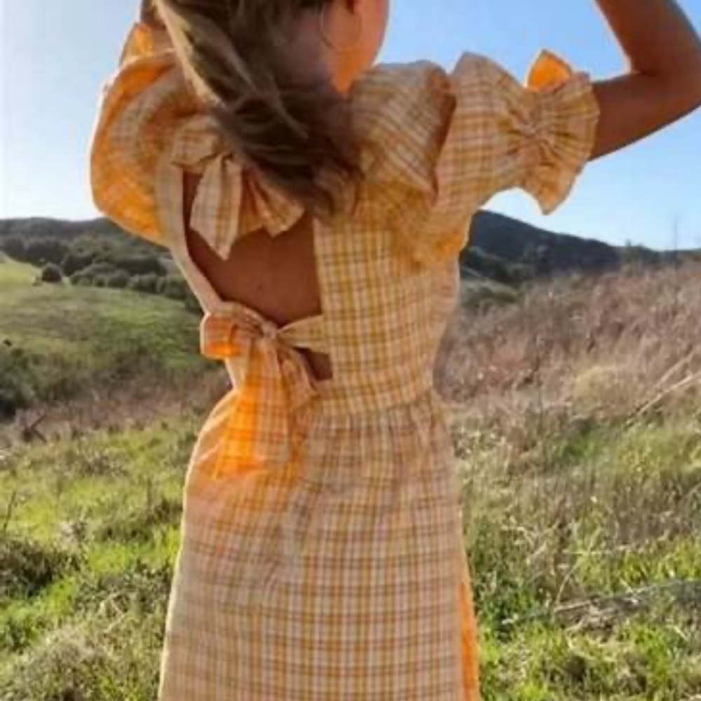 Rahi‎ Womens Cottagecore Plaid Yellow Prairie Puff Sleeve Ruffle Tie Back Dress